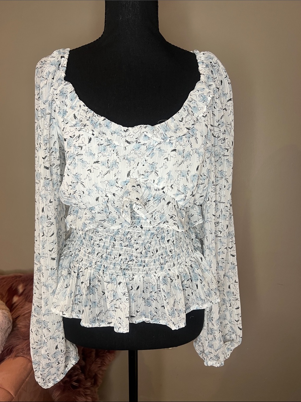 Light Blue Floral Smocked Peplum Blouse with Ruffle Neck